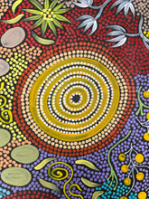 Load image into Gallery viewer, Circular motif detail from Budgerigar Story &amp; Bush Tucker Aboriginal painting by Julieanne Turner with vibrant dot work
