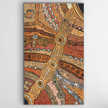 Load image into Gallery viewer, Vertical view highlighting fine dots and layered ochre colours from Clarise Tunkin’s Minma Malilu painting
