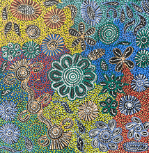 Load image into Gallery viewer, Zoomed section highlighting intricate dot technique and layered patterns symbolising desert blooms and seasonal renewal.
