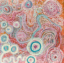 Load image into Gallery viewer, Zoomed section revealing fine brushwork, dots, and sacred iconography symbolising the sisters’ journey and the desert springs.
