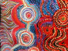 Load image into Gallery viewer, Close-up detail of Pututju (Anumara Tjukurrpa / Caterpillar Dreaming) by Rhoda Tjitayi, showing intricate concentric circles and flowing colourful patterns in red, blue, orange and purple.
