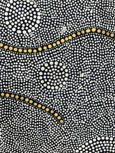 Load image into Gallery viewer, Close-up of contemporary Central Desert painting &quot;Bush Onion&quot; by Aboriginal artist Nancy Martin Napangarti. Pattern with black and white dots and gold lines on a black background
