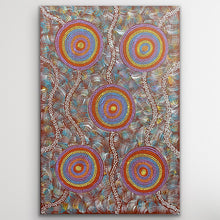 Load image into Gallery viewer, Zoomed-in image highlighting fine dot work and concentric circles representing bird tracks and waterholes.
