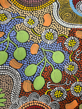 Load image into Gallery viewer, Close up detail of Budgerigar Story &amp; Bush Tucker Aboriginal painting showing green dotted bush tucker motifs
