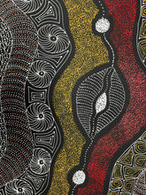 Load image into Gallery viewer, Abstract pattern with black, yellow, red, and white colors on a textured background "My Country" Anna Pitjara 141cm x 97cm
