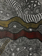 Load image into Gallery viewer, Aboriginal pattern with black, white, gold, and red colors on a black background
