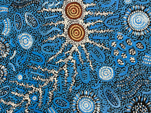 Load image into Gallery viewer, Detailed section of the painting showing dotting patterns and earthy orange highlights on blue.
