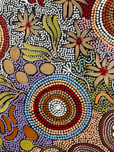 Load image into Gallery viewer, Colorful Aboriginal art pattern with circles, dots, and natural elements.
