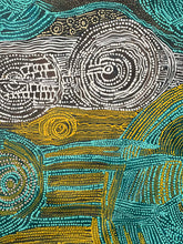 Load image into Gallery viewer, Close up dotwork of "Minyma Kutjara" Joanne Ken 141cm x 88cm showing blues and yellows
