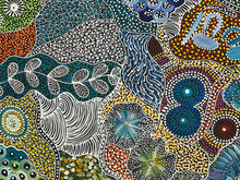 Load image into Gallery viewer, Detailed section of My Country Utopia Aboriginal painting by Janet Golder Kngwarreye showing texture and Dreamtime motifs
