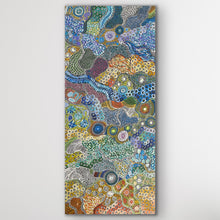 Load image into Gallery viewer, Detailed section of My Country Utopia Aboriginal painting by Janet Golder Kngwarreye highlighting landscape forms and Dreamtime symbols

