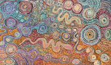 Load image into Gallery viewer, Close-up of fine dot work and symbolic storytelling elements from the Dreaming narrative
