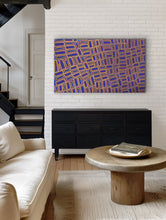 Load image into Gallery viewer, &quot;Tingari&quot; Walala Tjapaltjarri 155cm x 98cm displayed Living room with a black dresser, beige sofa, wooden coffee table. Perfect for collectors of Australian Artwork
