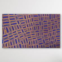 Load image into Gallery viewer, Tingari cultural Aboriginal story geoemtric shapes in yellow, red and vibrant ultramarine blue, with white dots displayed on white wall horizontal 
