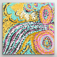 Load image into Gallery viewer, Full view of Rhoda Tjitayi’s Piltati Tjukurpa showing sweeping dotted paths and layered circular forms in bright colours.
