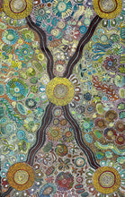 Load image into Gallery viewer, Colorful Bernadine Johnson Kemarre with bush flowers, women gathering, bush medicine leaves yellow and greens
