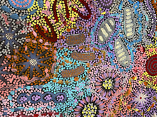 Load image into Gallery viewer, Vibrant colour detail from Grandmother&#39;s Country, original Aboriginal artwork by Michelle Possum Nungurrayi
