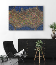 Load image into Gallery viewer, Contemporary Aboriginal Painting My Country Rayleen Pula Price 129cm x 93cm on a white wall above a black dresser with a modern chair and plant.
