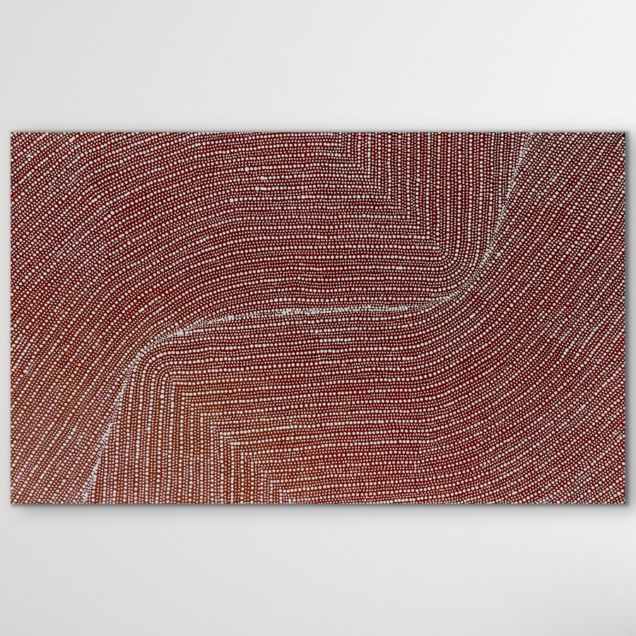 Aboriginal dot painting art piece with wavy lines on a black background