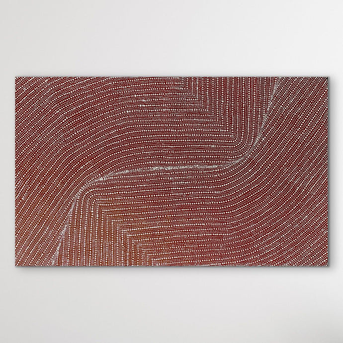 Aboriginal dot painting art piece with wavy lines on a black background