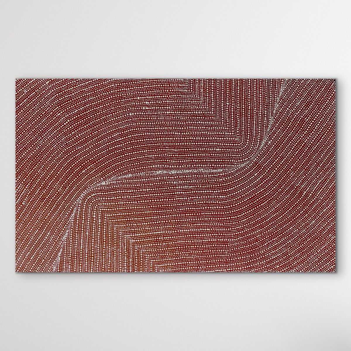 Aboriginal dot painting art piece with wavy lines on a black background