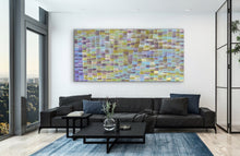 Load image into Gallery viewer, Large Yam Dreaming painting by Jeannie Mills displayed in modern living room with black interior design
