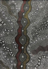 Load image into Gallery viewer, "My Country" Rayleen Pula Price 141cm x 97cm with wavy lines and geometric shapes in black, white, and brown.
