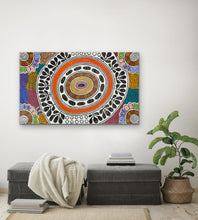 Load image into Gallery viewer, Aboriginal dot painting with goanna egg and berry ritual pigment motifs, Women’s Body Paint by Debra Nangala McDonald, 146 × 89 cm.
