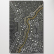 Load image into Gallery viewer, Original artwork by Delvine Pitjara with black, white and yellow tones. 
