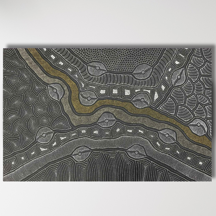 Indigenous Painting by Delvine Pitjara with wavy lines and geometric patterns on a gray background