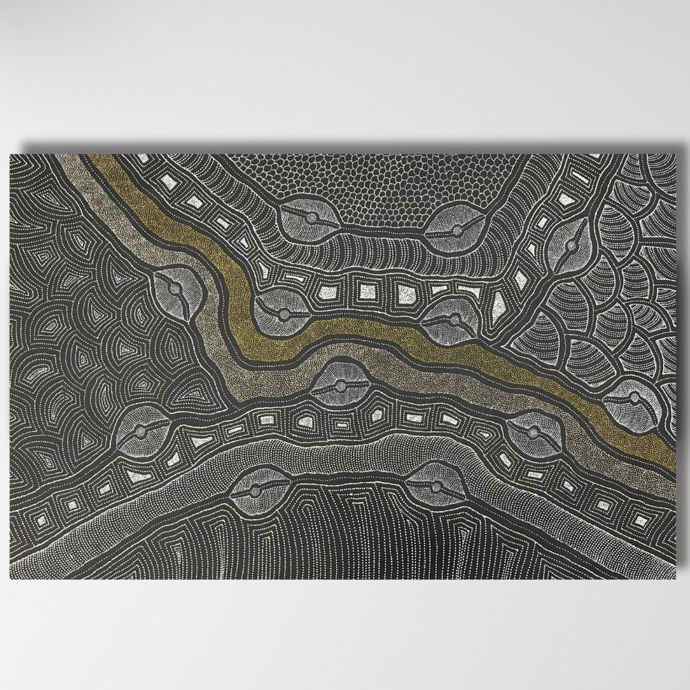 Indigenous Painting by Delvine Pitjara with wavy lines and geometric patterns on a gray background