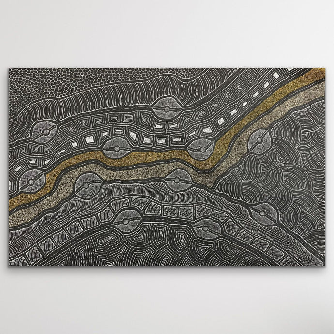 Indigneous artwork by Delvine Pitjara on black background