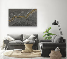 Load image into Gallery viewer, Modern living room with gray sofa, abstract wall art, and decorative items.

