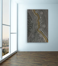 Load image into Gallery viewer, Delvine Pitjara art on a white wall with a large window in the background.
