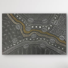 Load image into Gallery viewer, Detailed view of My Country by Delvine Pitjara Aboriginal dot painting with flowing lines and neutral tones 151cm x 89cm
