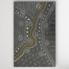 Load image into Gallery viewer, Close up of My Country painting by Delvine Pitjara showing intricate dot work and natural desert inspired patterns 151cm x 89cm
