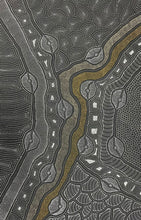 Load image into Gallery viewer, dot painting with wavy lines and geometric shapes in black, white, cream
