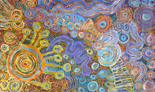 Load image into Gallery viewer, Close detail of Piltati Tjukurpa, showing soft transitions between warm ochres and cool purples in rhythmic dot work.
