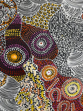 Load image into Gallery viewer, Zoomed view of Aboriginal artwork &quot;My Country&quot; by Janet Golder Kngwarreye, showing detailed brushwork and bright colours.
