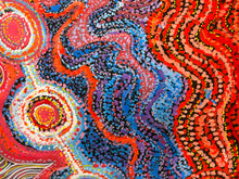 Load image into Gallery viewer, Detailed view of Rhoda Tjitayi’s Pututju (Caterpillar Dreaming) artwork, highlighting vibrant organic patterns, circular forms and layered Aboriginal Australian dot painting techniques.
