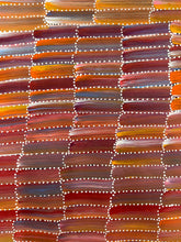 Load image into Gallery viewer, Colorful Aboriginal yam pattern with horizontal stripes in various shades of red, orange, and brown, blue
