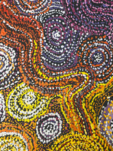 Load image into Gallery viewer, Colorful clse up traditional Aboriginal painting with swirling designs in orange, purple, yellow, and white.
