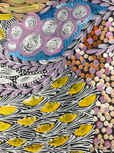 Load image into Gallery viewer, Colorful aboriginal artwork with swirling patterns and yellow shapes
