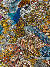 Load image into Gallery viewer, Close-up showing strong contrasts of red, yellow, blue and white within the dotting technique.
