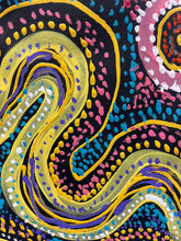 Load image into Gallery viewer, Snake Dreaming Story dot painting close up pink blue yellow white
