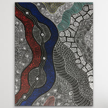 Load image into Gallery viewer, Aboriginal artwork with wavy lines in red and blue "My Country" Rayleen Pula Price 93cm x 71cm
