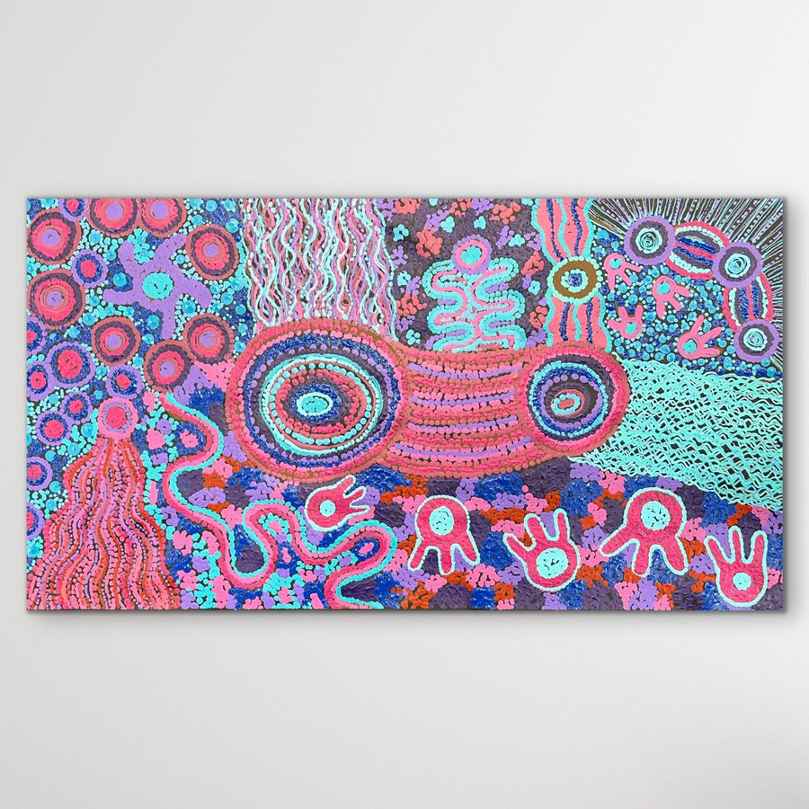 Aboriginal artwork with vibrant patterns on a white background