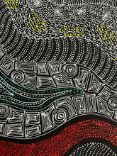 Load image into Gallery viewer, Aboriginal art with black, white, yellow, and red patterns and traditional Aboriginal symbols
