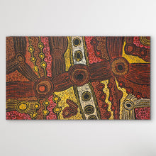 Load image into Gallery viewer, Colourful Clarise Tunkin 103cm x 61cm brown yellows oranges reds patterned dot painting with intricate designs on a background
