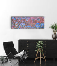 Load image into Gallery viewer, Piltati Tjukurpa Aboriginal dot painting by Rhoda Tjitayi, 120cm x 44cm, vibrant APY Lands Indigenous artwork featuring Dreaming story of two sisters and water snakes.
